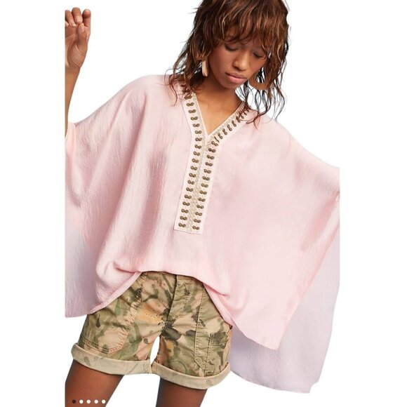 Anthropologie June Embroidered Floral & Cranes Pink Top One Size Flare Sleeves - Picture 11 of 14